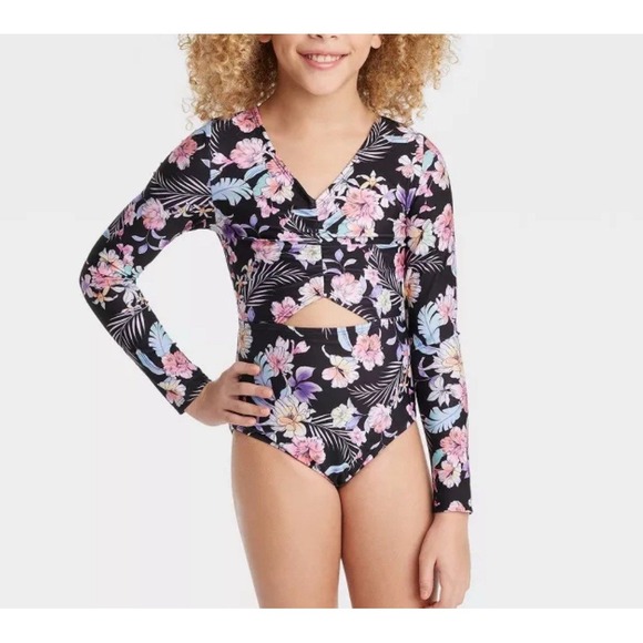 art class Other - Art Class Girls Tropical Long Sleeve Swimsuit Hawaiian Floral Surf‎ Swim